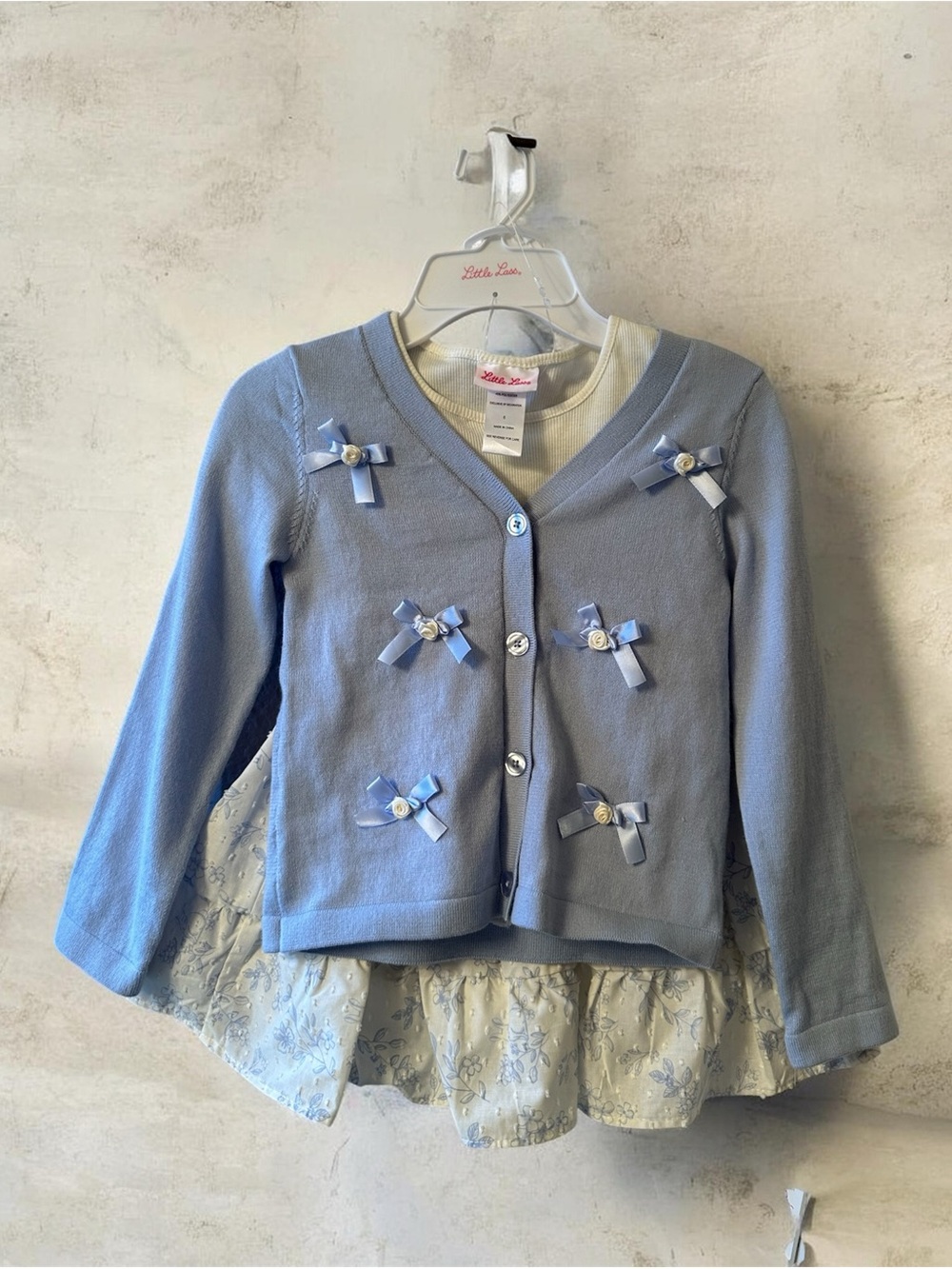 Little Lass Light Blue Ribbon Accent Layered Cardigan with matching Skirt